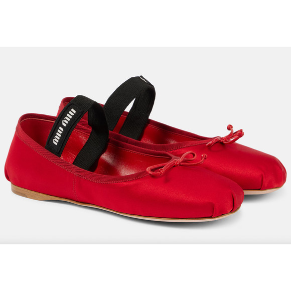 Miu Miu Satin Rosso Red Black White Logo Strap Bow Ballet Ballerina Flats 39 - Picture 1 of 16